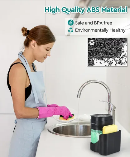 Vista 3 de Dispensador de jabón para platos 3 en 1 con soporte de esponja para fregadero de cocina (incluye una esponja), juego de dispensador de jabón de Negro