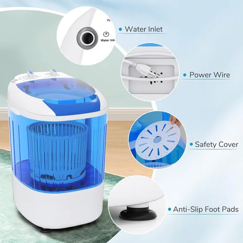 Vista 6 de Giantex Minilavadora portátil compacta, capacidad de 5.5 libras, pequeña lavadora de lavandería compacta con tambor giratorio y manguera de drenaje