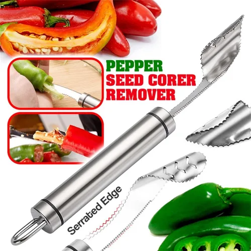 Vista 2 de Removedor de semillas de pimienta con paño de limpieza, removedor de semillas de frutas de acero inoxidable 304 con dientes dentados, herramienta