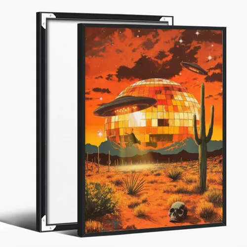 Vista 31 de WLZWD Retro Funky 70s style woman at a Party art Print Cocktails Disco Ball Wall Art Vintage Trendy Female Portrait Art Poster Warm Colour Palette