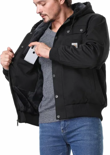Vista 4 de MOERDENG Chaqueta de utilidad de ajuste relajado para hombre, forro polar de pato lavado, múltiples bolsillos, abrigo con capucha de invierno