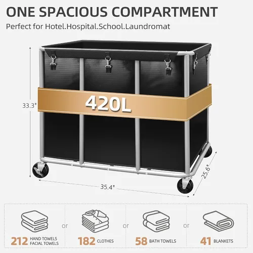 Vista 3 de STORAGE MANIAC - Carrito de lavandería comercial con ruedas 420L, marco de acero resistente, cesta de lavandería rodante con gran capacidad, bolsa