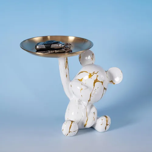 Vista 10 de Bandeja Portavellas con Escultura de Oso Decorativa, Estatua de Animal para Hogar, Bandeja de Almacenamiento para Mesa de Entrada (Negro y Oro)