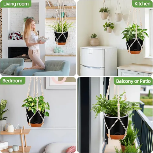 Vista 7 de Paquete de 2 macetas colgantes de riego automático de 7.2 pulgadas para plantas de interior y exterior, macetas colgantes de macramé de 34 pulgadas