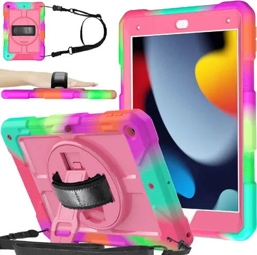 Vista 16 de BMOUO Funda para iPad de 9ª/8ª/7ª generación de 10.2", a prueba de golpes con soporte giratorio de 360°, correa de hombro y mano, funda para iPad