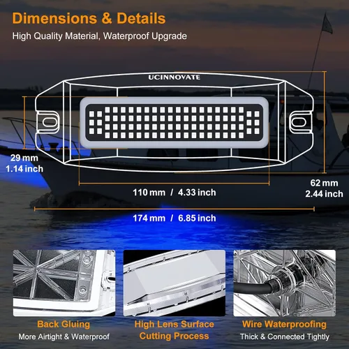 Vista 3 de UCINNOVATE 2X Luces LED Marinas para Barco de 6.9", 3000LM 84LED Luces de Popa Impermeables, Luz Subacuática para Yates, Barcos, Velero, Pontón