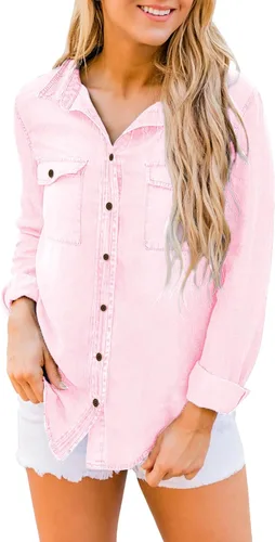 Vista 4 de luvamia Camisa vaquera de chambray para mujer, camisas occidentales de manga larga con botones