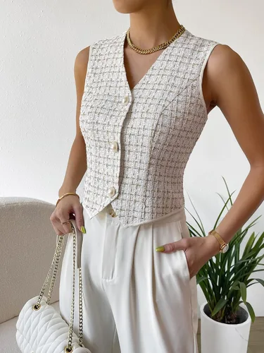 Vista 3 de WDIRARA Blazer sin mangas con cuello en V y botones asimétricos para mujer