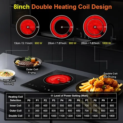 Vista 2 de Diseño de doble bobina de cocina eléctrica de un solo quemador, placa caliente de cerámica infrarroja de 1800 W para cocinar, encimera portátil