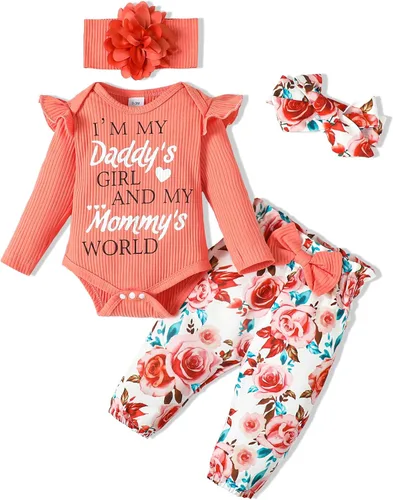 Vista 11 de SUNNY PIGGY Ropa para bebé recién nacida, 4 piezas, lindos trajes de otoño Rosa (Bow Pink)