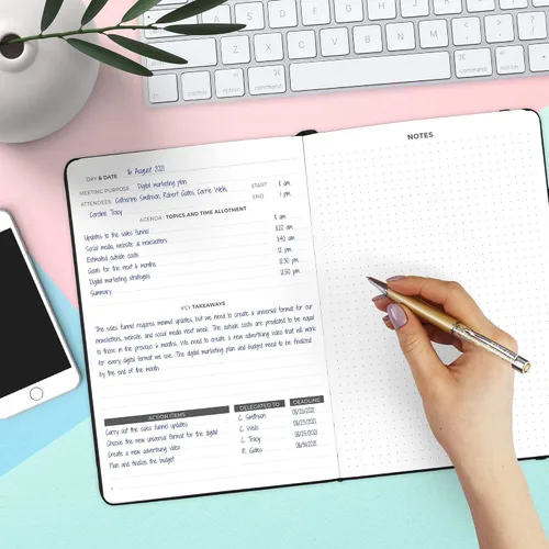 Vista 6 de Clever Fox Cuaderno de reuniones - Organizador de trabajo y negocios con notas y artículos de acción - Bloc de notas para gestión de proyectos