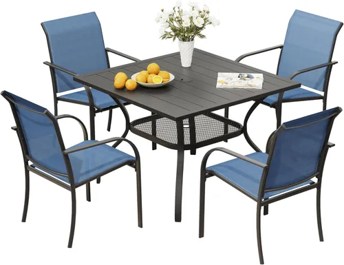 Vista 25 de VICLLAX Juego de 2 sillas de patio pequeñas para exteriores, juego de sillas apilables para patio y mesa de comedor cuadrada para porche delantero