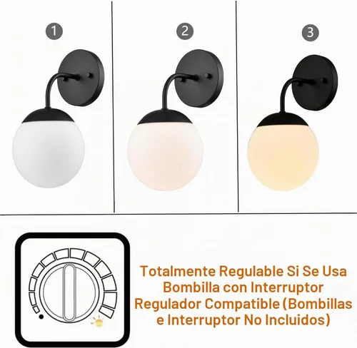 Vista 6 de Aplique de pared negro moderno de estilo nórdico con pantalla de vidrio de globo lechoso Juego de 2 luces de tocador, accesorio de iluminación