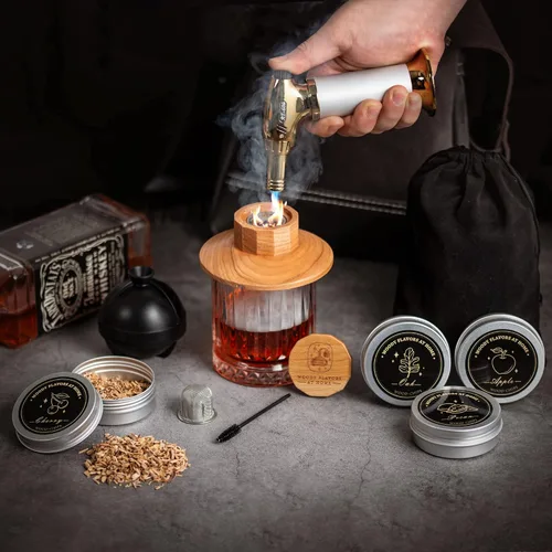 Vista 2 de Kit de ahumador de cócteles – Kit de camarero para ahumar bebidas con antorcha, moldes de hielo esfera, virutas de madera aromática – Kit
