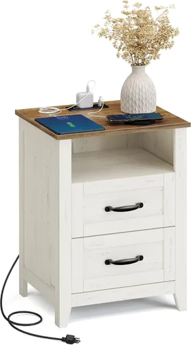 Vista 23 de VASAGLE Colección LIRY - Mesita de noche de granja con estación de carga, mesa de cabecera, mesa auxiliar con cajón, compartimento abierto