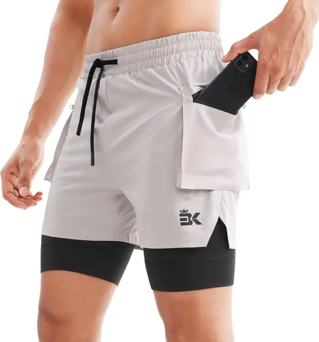 Vista 8 de BROKIG Pantalones cortos deportivos para hombre, con bolsillo en el muslo, pantalones cortos de gimnasio 2 en 1, ligeros, de secado rápido