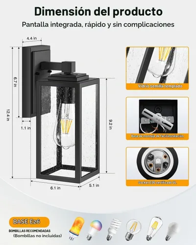 Vista 6 de VIANIS Luces de Pared para Exteriores, Luces de Porche Linterna para Exteriores, Accesorios de Iluminación para Exteriores Impermeables Negros