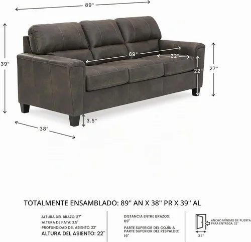 Vista 3 de Signature Design by Ashley - Sofá de 3 plazas de piel sintética Navi, color gris, 89 pulgadas de ancho
