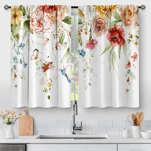 Vista 25 de Aimego Cortinas de Cocina de Eucalipto Primaveral - Hojas de Plantas de Acuarela Floral Azul con Cortinas de Nivel Botánico Floral para Cafetería