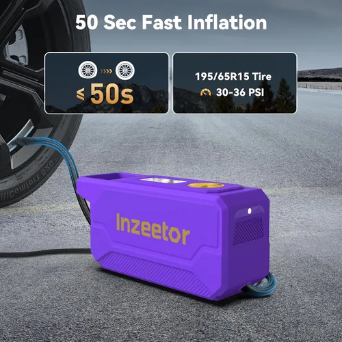 Vista 2 de Compresor de aire portátil con inflador de neumáticos de 150 PSI con presión digital, morado Bomba de aire de apagado automático de 12V DC Luz LED