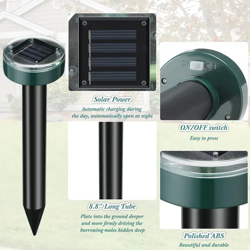 Vista 3 de Repelente solar de topos, repelente ultrasónico de topos, alimentado por energía solar, disuasorio de ondas sonoras para exteriores, para césped