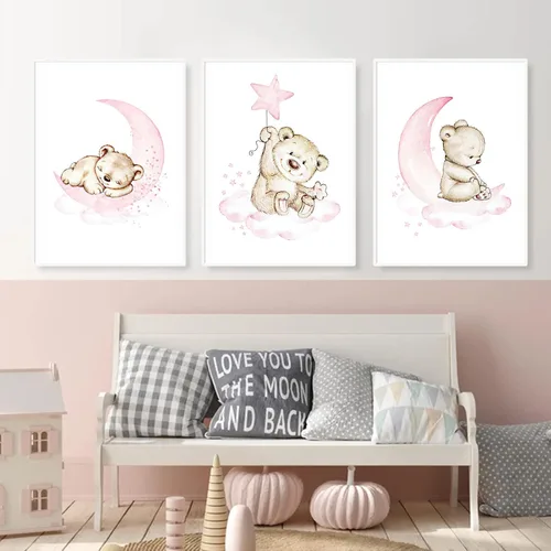 Vista 4 de Lienzo decorativo para pared de animales de dibujos animados, pintura de oso bebé, luna rosa, estrellas, nubes, impresiones de animales, habitación