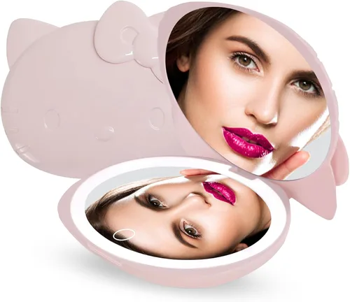 Vista 6 de Impressions Vanity Hello Kitty - Espejo compacto Kawaii con interruptor de sensor táctil para brillo ajustable, espejo de maquillaje iluminado
