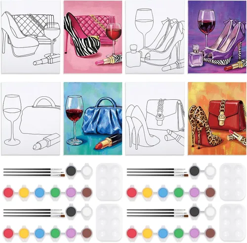 Vista 17 de VOCHIC Paquete de 4 kits de fiesta de 8 x 10 pulgadas, kit de pintura de lienzo predibujado para pintura para adultos, suministros de pintura