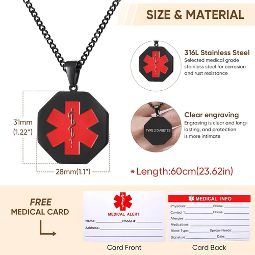 Vista 84 de VNOX Collar con colgante personalizado de acero inoxidable con grabado personalizado para identificación de alerta médica de emergencia para hombres
