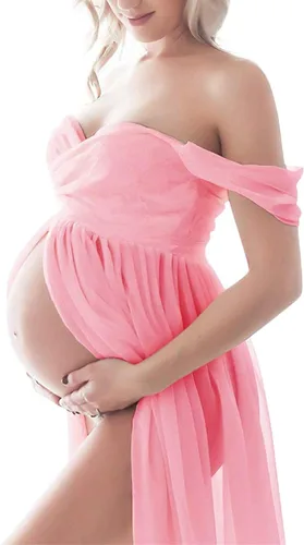 Vista 2 de ZIUMUDY Vestido de gasa de maternidad con hombros descubiertos para sesión de fotos, vestido largo de encaje frontal dividido para fotografía
