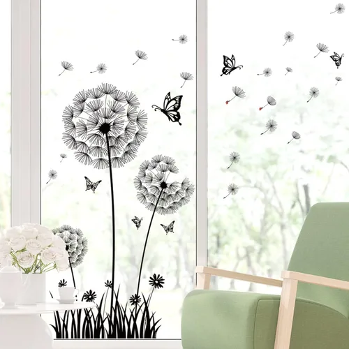 Vista 2 de BASHOM BS-105 Calcomanías de pared de diente de león negro flor voladora mariposas calcomanías para sala de estar, dormitorio, cuarto de bebé, baño