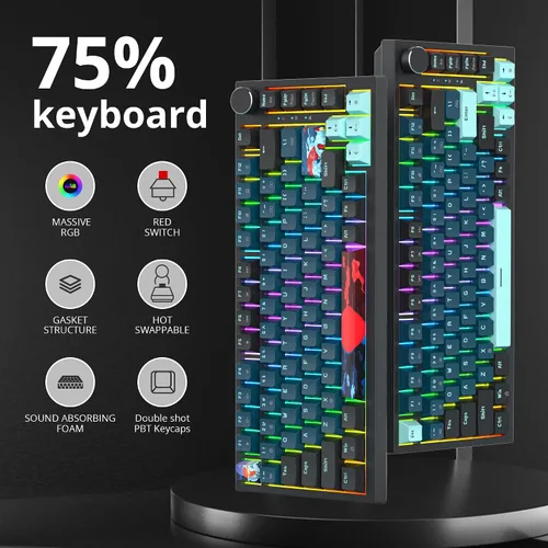 Vista 2 de Junta de teclado 75% montada con almohadillas absorbentes de sonido, teclado mecánico RGB compacto de 82 teclas con cable para juegos, enchufe