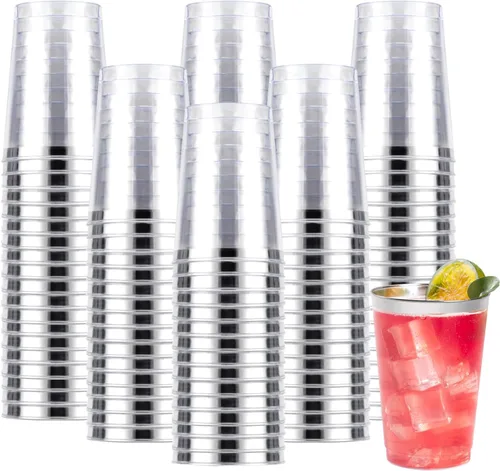 Vista 17 de Goodluck 50 piezas de vasos de plástico de 10 onzas para fiesta, vasos desechables plateados, vasos de cóctel de plástico para boda, Acción de Plata
