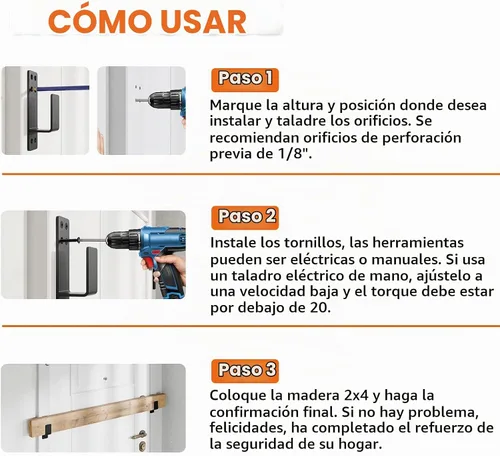 Vista 5 de Soportes de barricada de puerta de 2 x 4 resistentes, 2 piezas, soportes para barra de puerta, para seguridad en el hogar, color negro