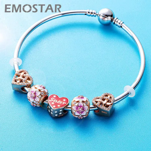Vista 3 de Los dijes de flores y trébol se adaptan a la pulsera europea Valentiens, dije de flor de magnolia de oro rosa, trébol, copo de nieve brillante