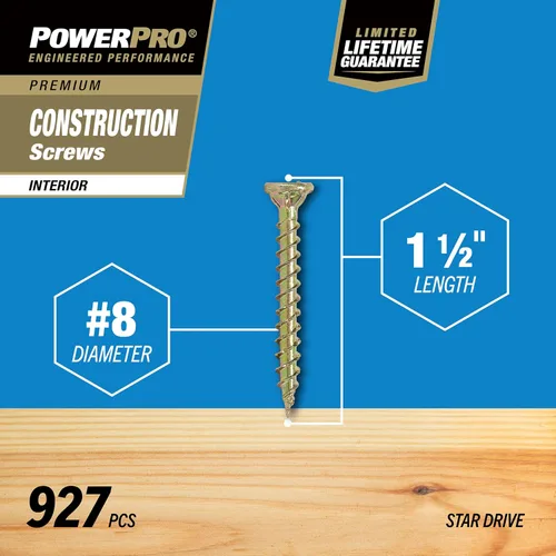 Vista 4 de Power Pro 48587 Tornillos de madera, #8 x 3.8 cm, tornillos premium Star Drive para gabinetes interiores, zinc amarillo dorado, paquete de 5 libras