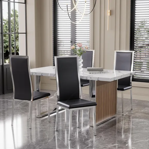 Vista 9 de Juego de 2 sillas de comedor modernas, piel sintética negra con patas de metal dorado cromado, diseño de respaldo alto curvo y acolchado tipo nube