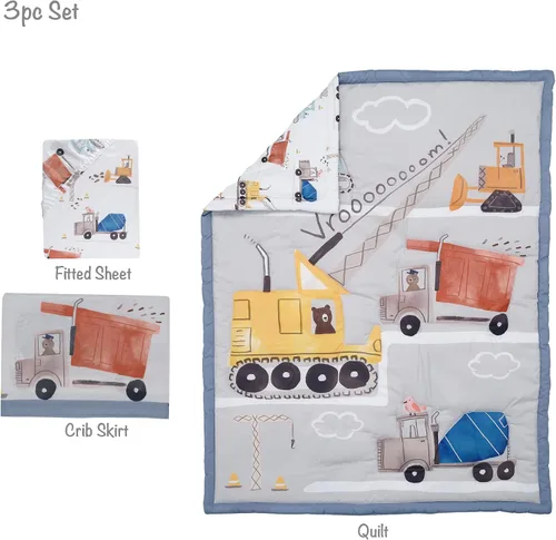 Vista 7 de Bedtime Originals Construction Zone - Juego de ropa de cama de 3 piezas para cuna de bebé
