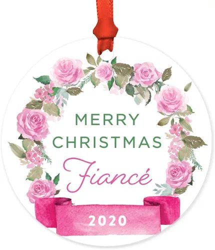 Vista 47 de Andaz Press Adorno de Navidad de madera grabado con láser para aniversario de boda, 1 año juntos, Navidad 2025, pancarta de flores rosas, 1 paquete