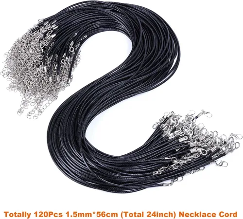 Vista 2 de EuTengHao 120 piezas de cordón para collar, collar encerado negro para hacer joyas, collares, pulseras (24 pulgadas de largo, 0.059 in de ancho)