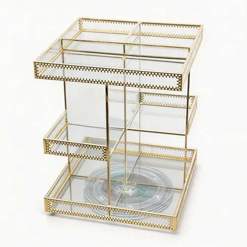 Vista 7 de Organizador de cosméticos de vidrio dorado de 3 niveles con rotación de 360 grados, bandeja de perfume giratoria de alta calidad, exhibición