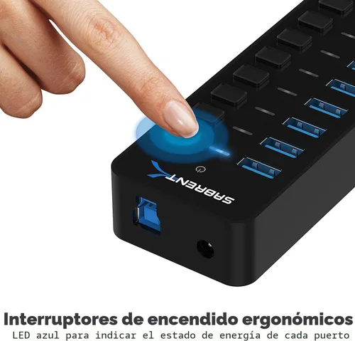Vista 3 de SABRENT Hub USB 3.0 alimentado de 10 puertos, 3 puertos de carga, 60 W