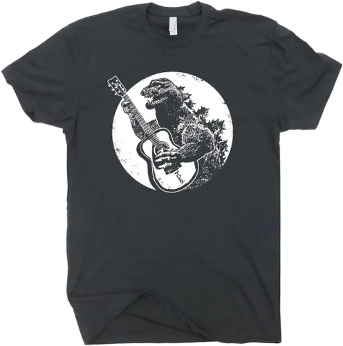 Vista 2 de Camiseta de guitarra de dinosaurio divertida camiseta jugando acústica elecrtic Cool Tee jugador vintage 80s banda rock Bass gráfico