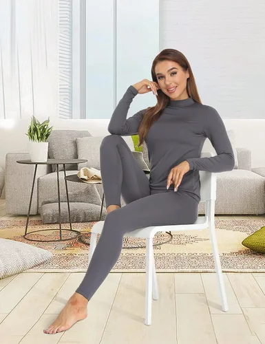 Vista 6 de JOLLYBUYER Ropa interior térmica de cuello alto para mujer conjunto de capa base cálida ultra suave y cálida