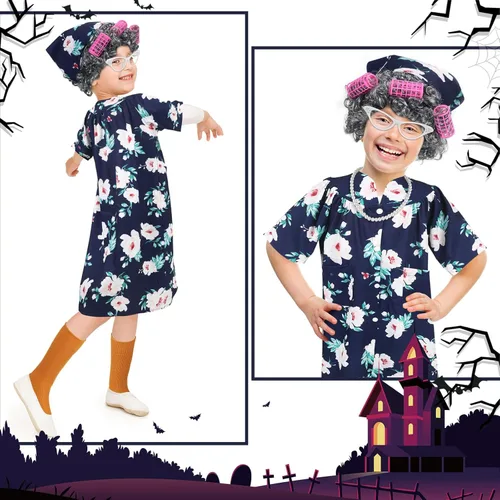 Vista 4 de Haull 8 piezas de disfraz de anciana para niños, disfraz de abuela para niños, vestido de abuelita, peluca plegable, gafas de muleta para Halloween