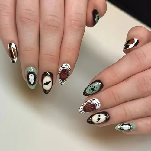Vista 40 de Paquete de 6 144 uñas acrílicas de Halloween a presión, uñas postizas reutilizables de cobertura completa, uñas postizas adhesivas con pegamento H103