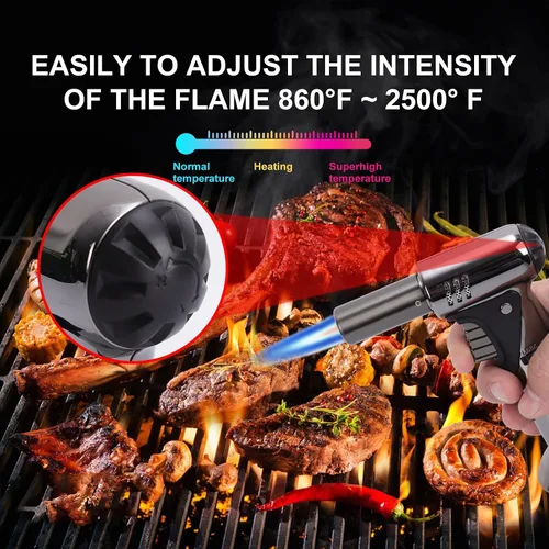 Vista 7 de Linterna de butano, soplete de cocina grande de doble llama premium con bloqueo de seguridad, ajustable, recargable, multiusos, soplete culinario