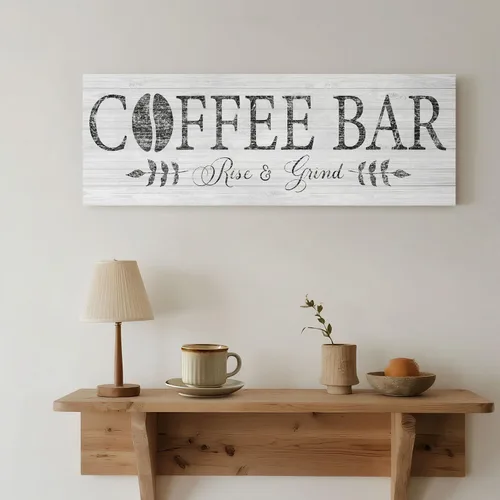 Vista 3 de Letrero de café Rise & Grind, arte de impresiones en lienzo inspiracional para decoración de cocina, casa de campo, estante, mostrador, bar