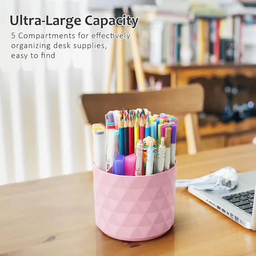Vista 4 de Organizador de escritorio Nuozme, soportes giratorios de 360 grados para bolígrafos y lápices, organizador de bolígrafos con patrón de diamante y 5