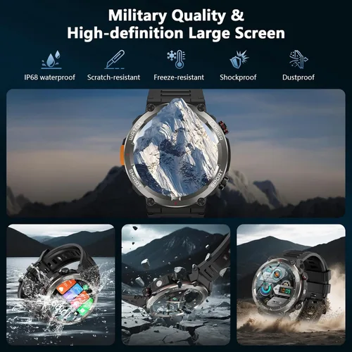 Vista 2 de IOWODO Reloj inteligente militar para hombre, batería de 100 días de duración, rastreador de actividad física con linterna LED / brújula, monitor